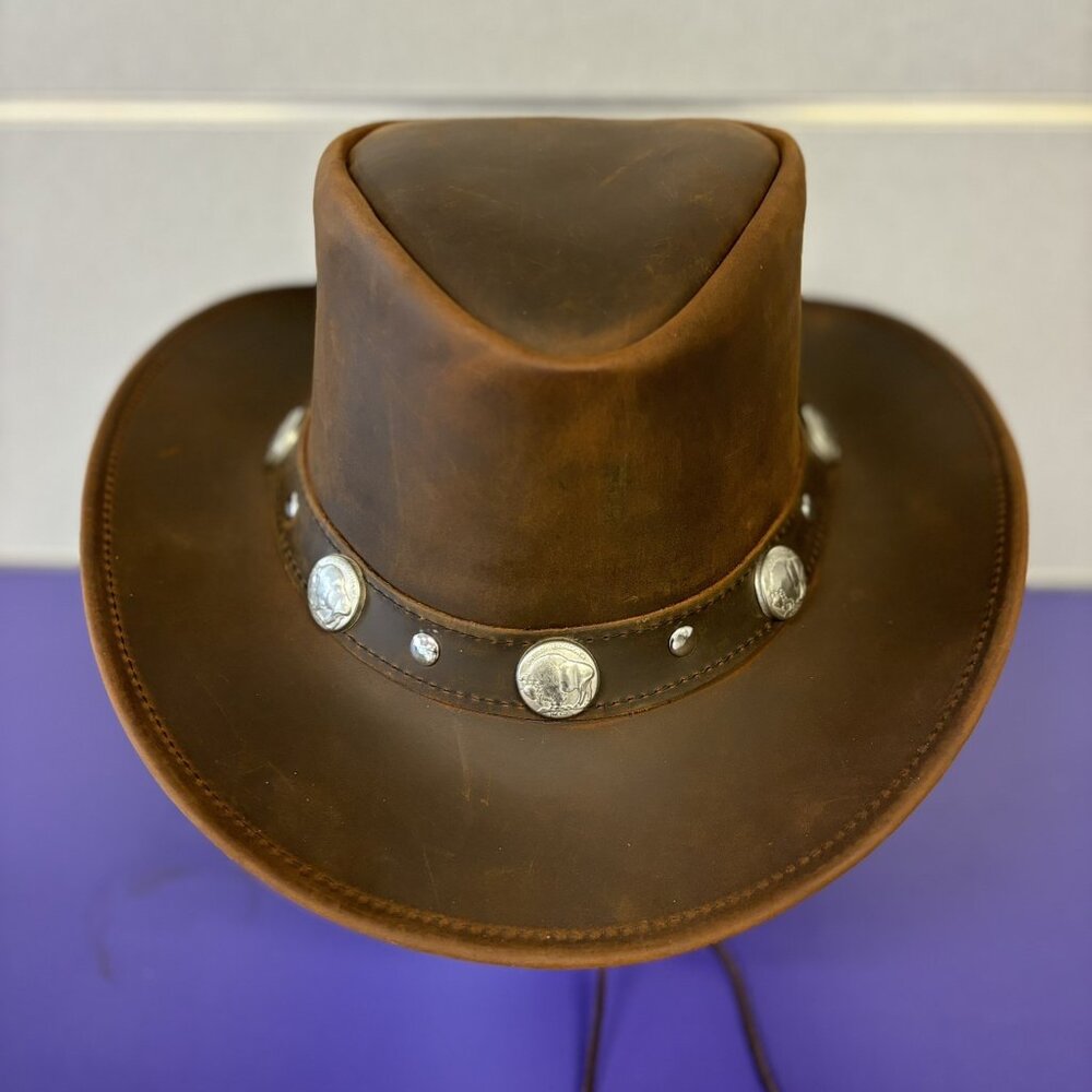 Original leather hat with studs and buffalo coins on the band. Western Cowboy